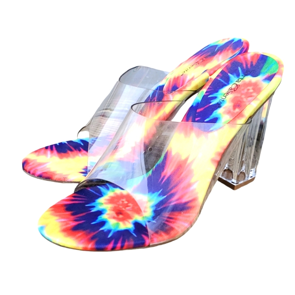 🦜 2/$10 Torta Caliente Karma Clear Tie-Dye Heels Sandals/ Mule. Size 7.5M